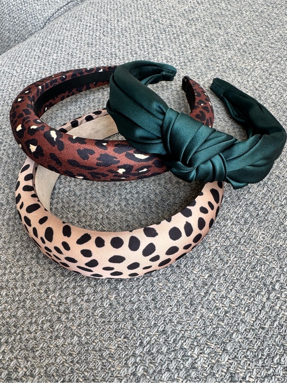 Set of 3 Padded Headbands Leopard Animal Print Green Satin Knot